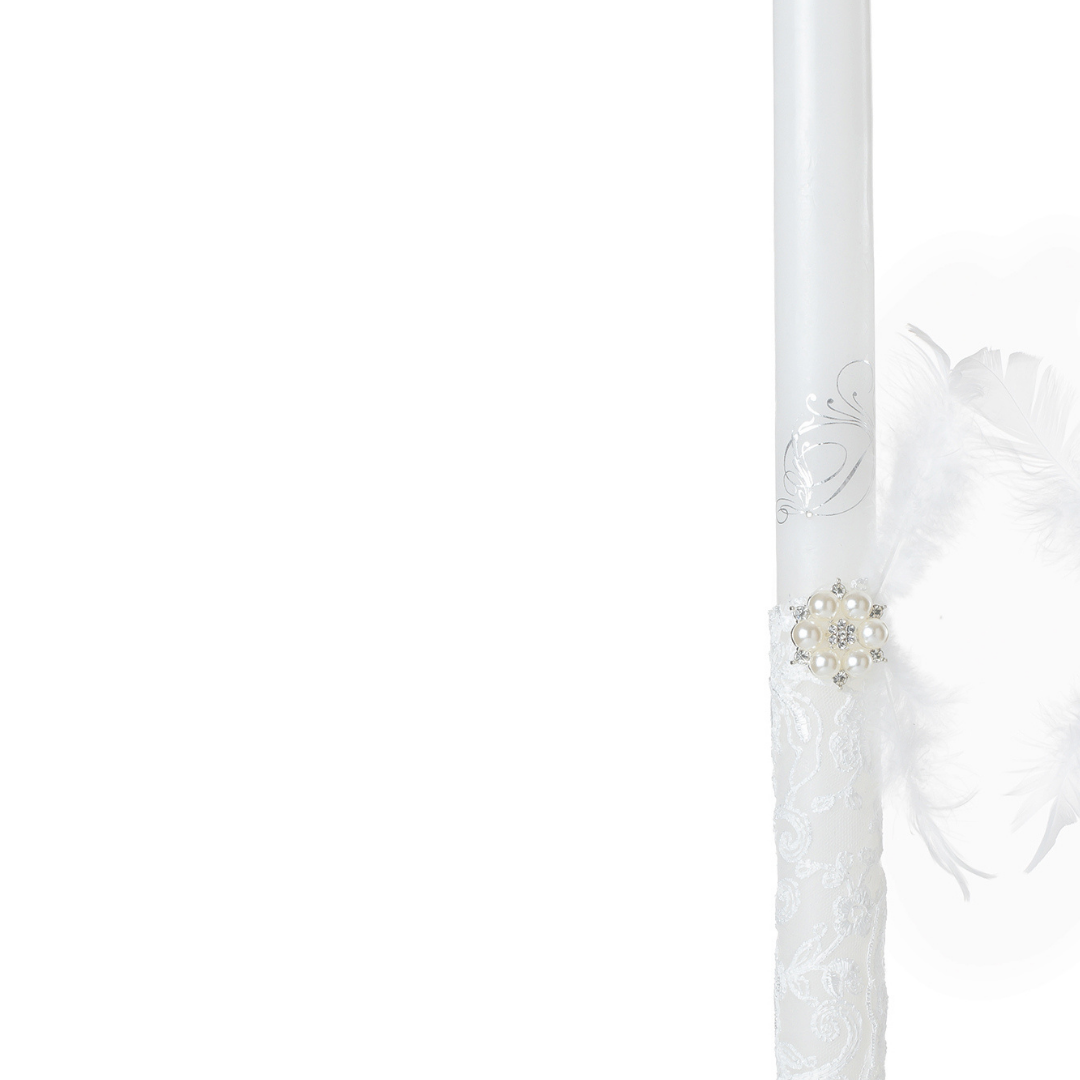 Wedding Ritual Candles with Lace, Pearl Brooch and Feather