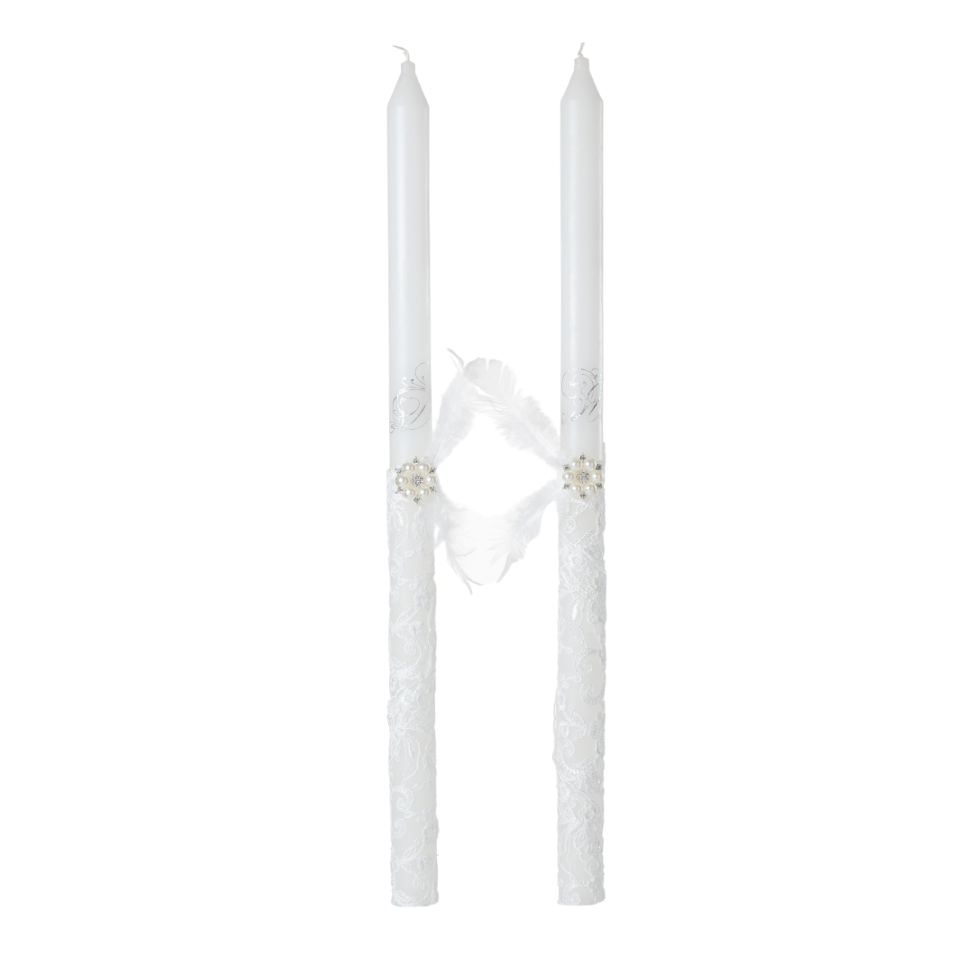 Wedding Ritual Candles with Lace, Pearl Brooch and Feather
