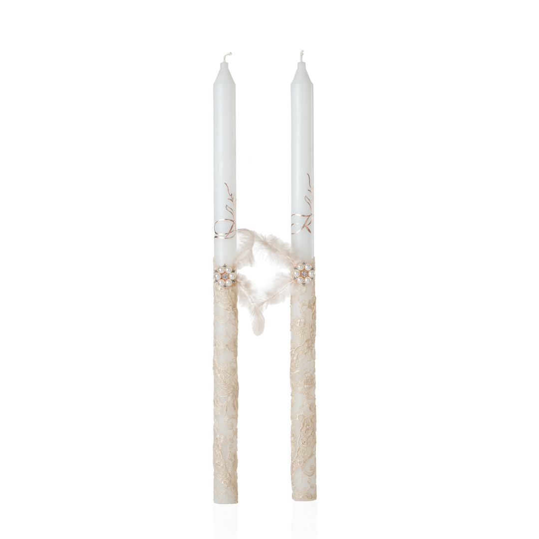 Two wedding ritual candles with beige lace NCandles