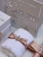White towel with a pink ribbon and Acrylic Glass Book for Baptism 