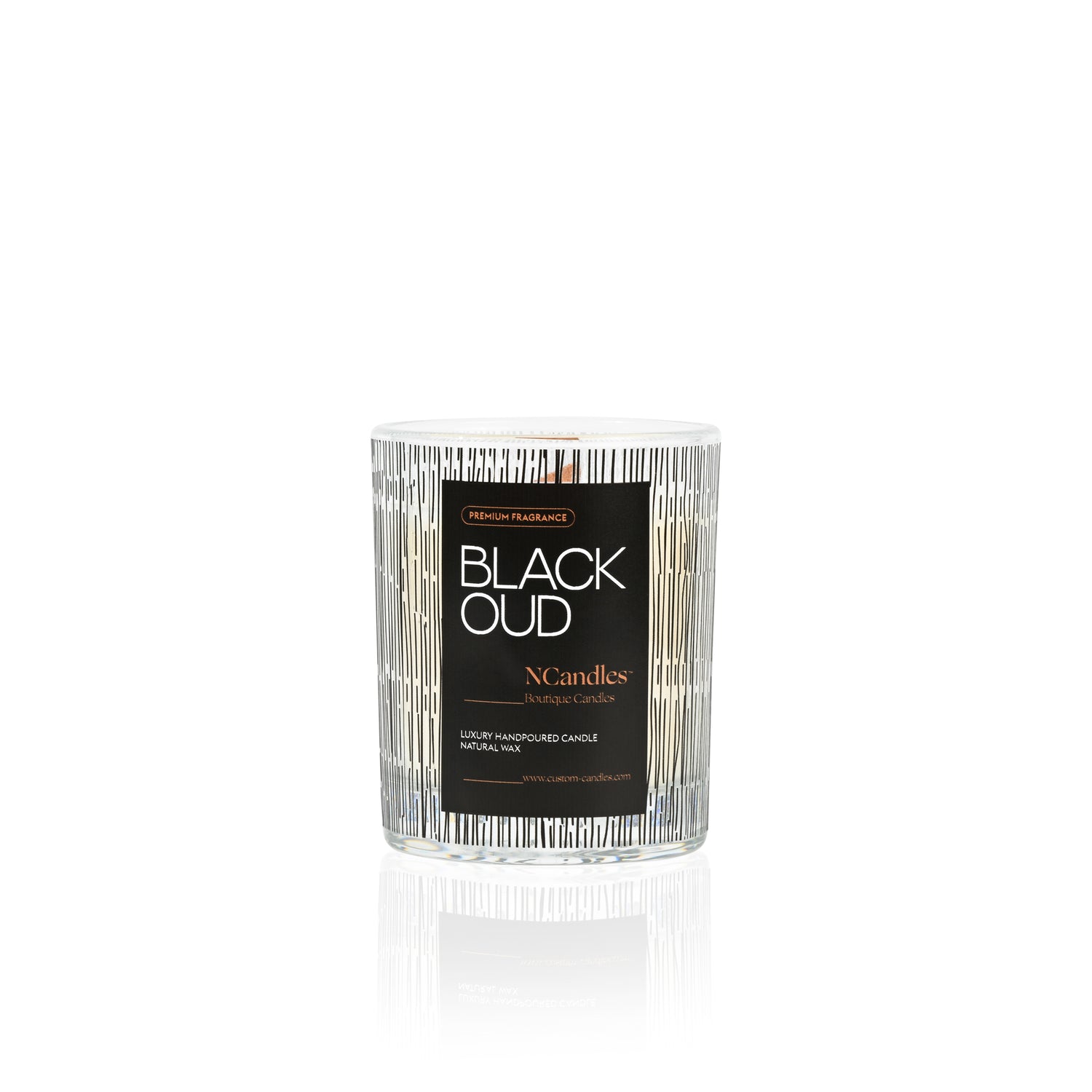 Black Oud wooden wick candle styled in white background