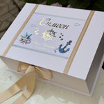Baptism box, sea theme, sand ribbon and decorative elements. Baptism set