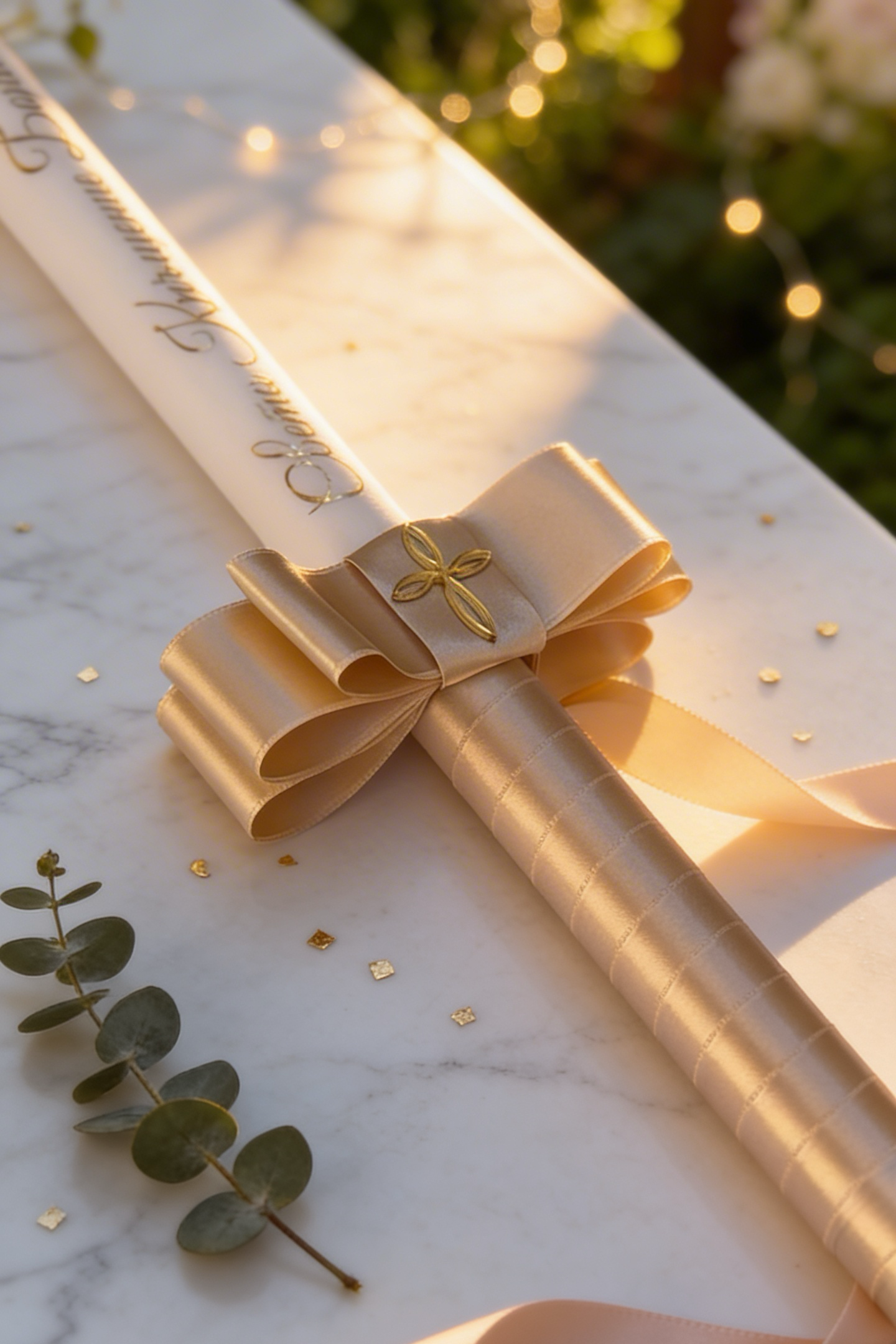 CHRISTENING CANDLE WITH BEIGE RIBBON