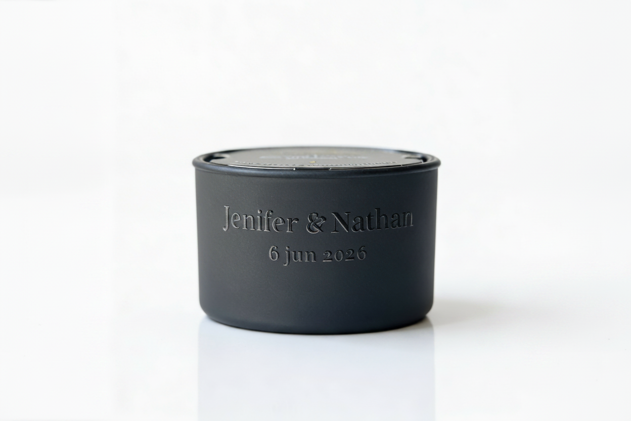Black candle in matt glass with engraved text 