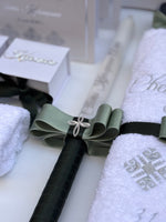 Christening_Candle with name in silver, and sage green ribbon