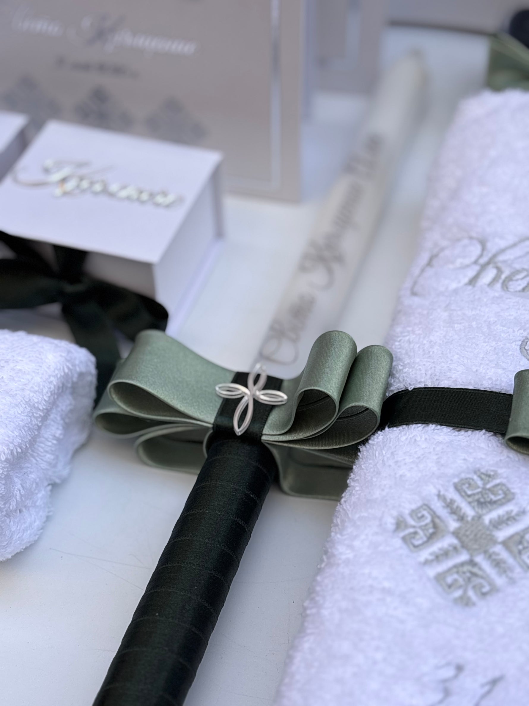 Christening_Candle with name in silver, and sage green ribbon
