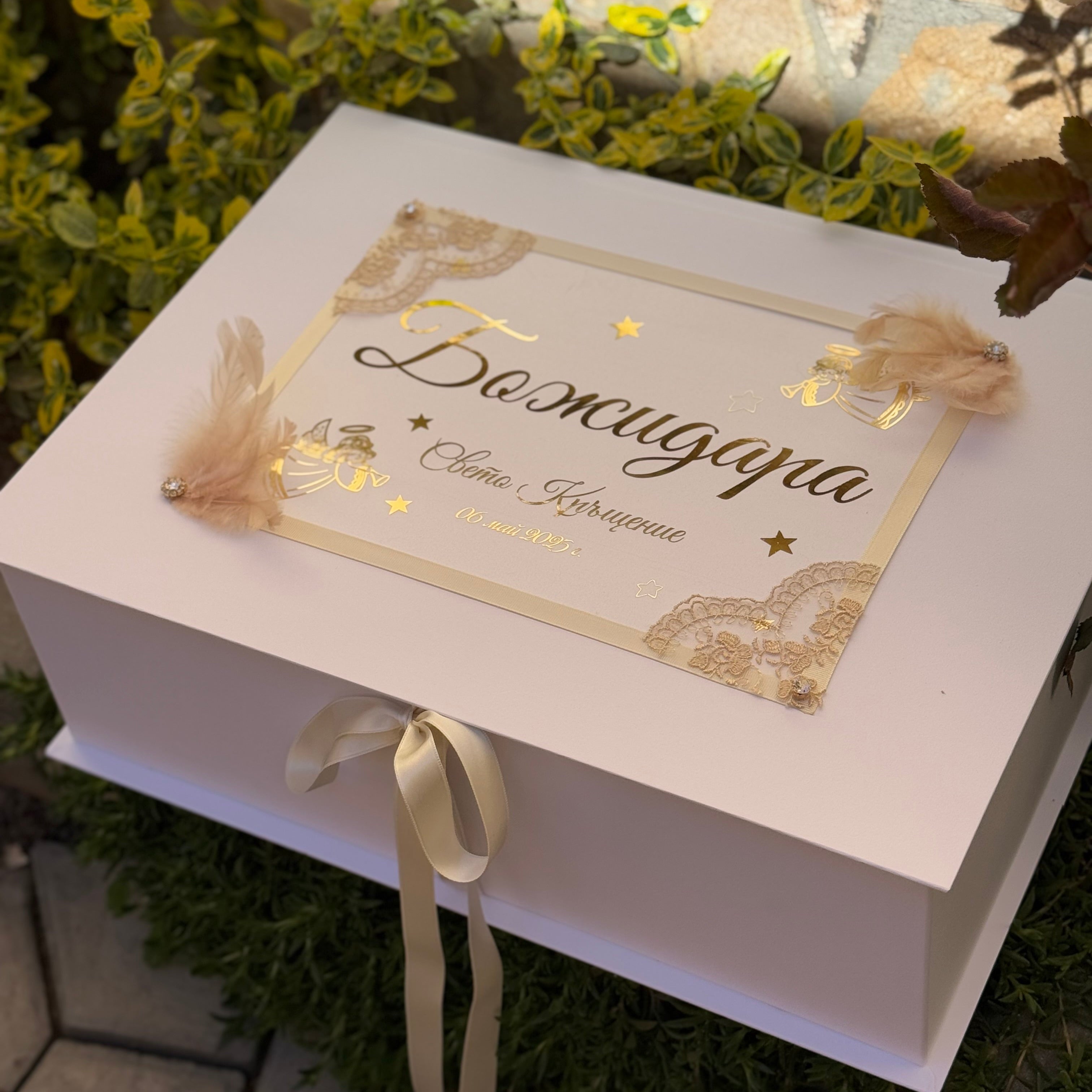 Christening box with lace and angels detail 