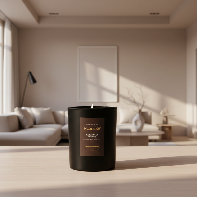 salted caramel and walnut scented candle styled in scandinavian setting