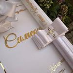White Candle With Gold Engraved Name and Cross