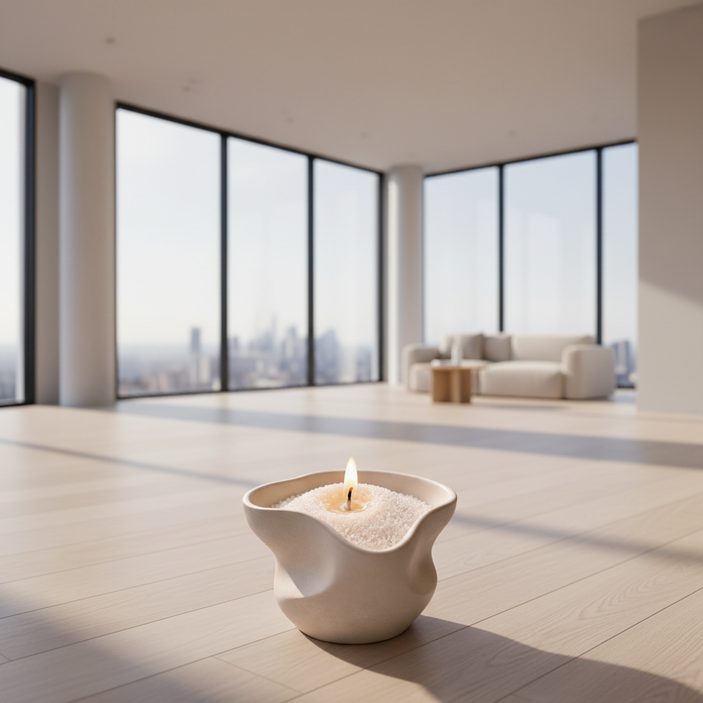 pearl Candle in a white ceramic holder on a soft fabric background