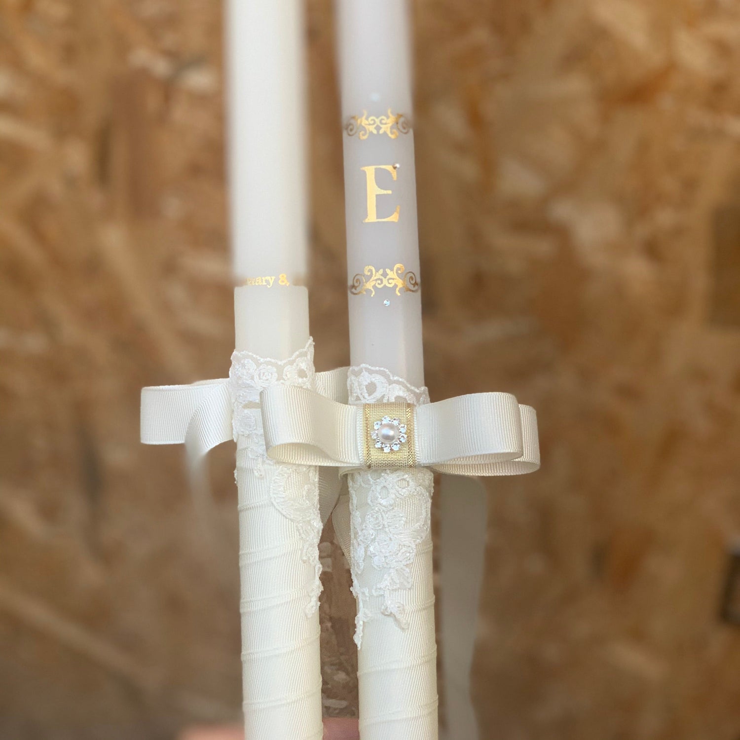 Wedding Candles with Gold Initials and Ivory Bow