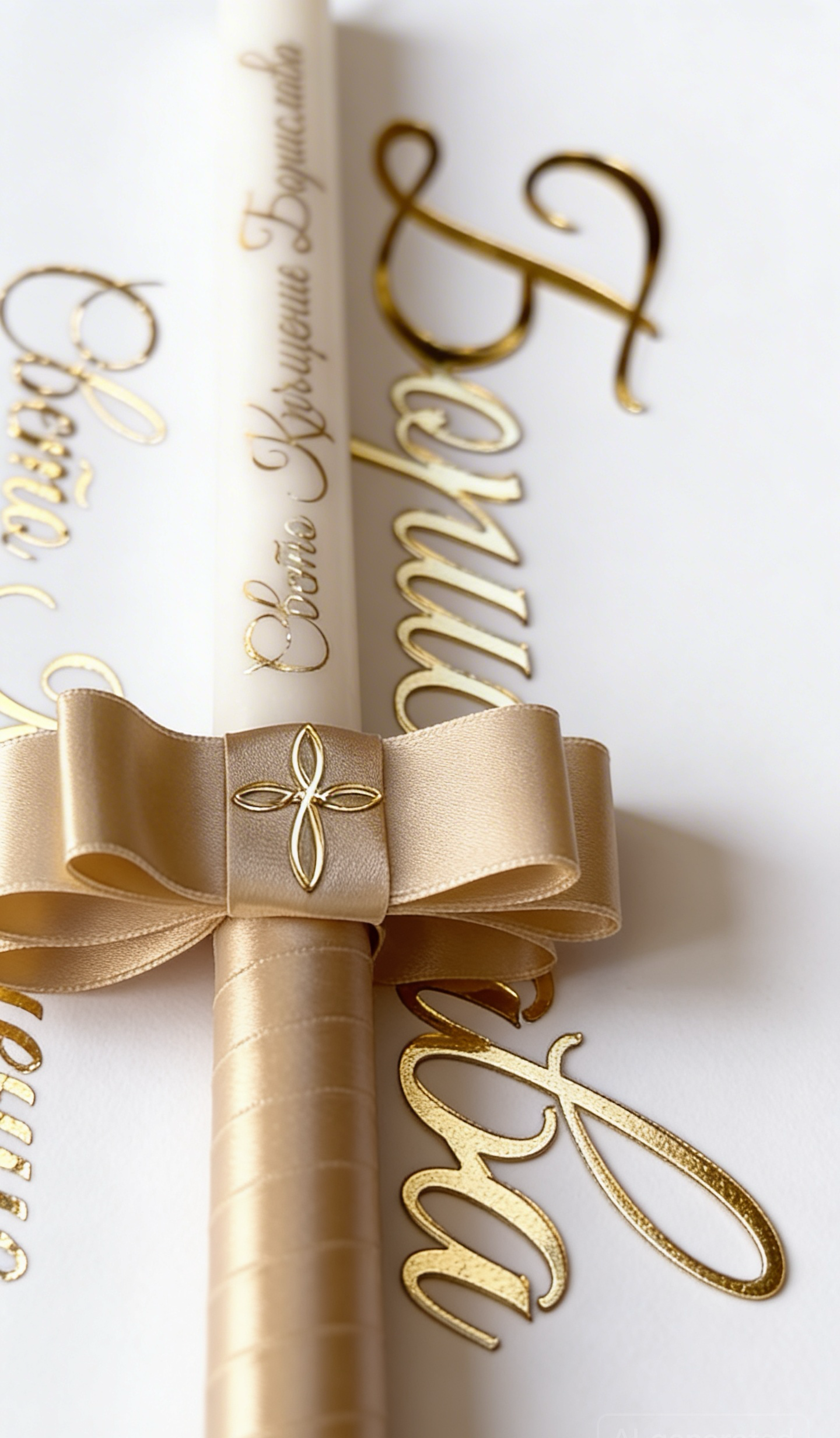 Decorative BAPTISM CANDLE WITH gold text and ribbon on a white background NCandles 