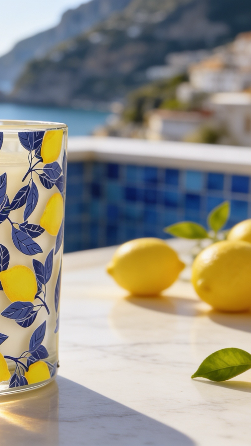 Candle with lemon design labeled 'NCandles Amalfi Gardens' on a table with lemons and a scenic background.