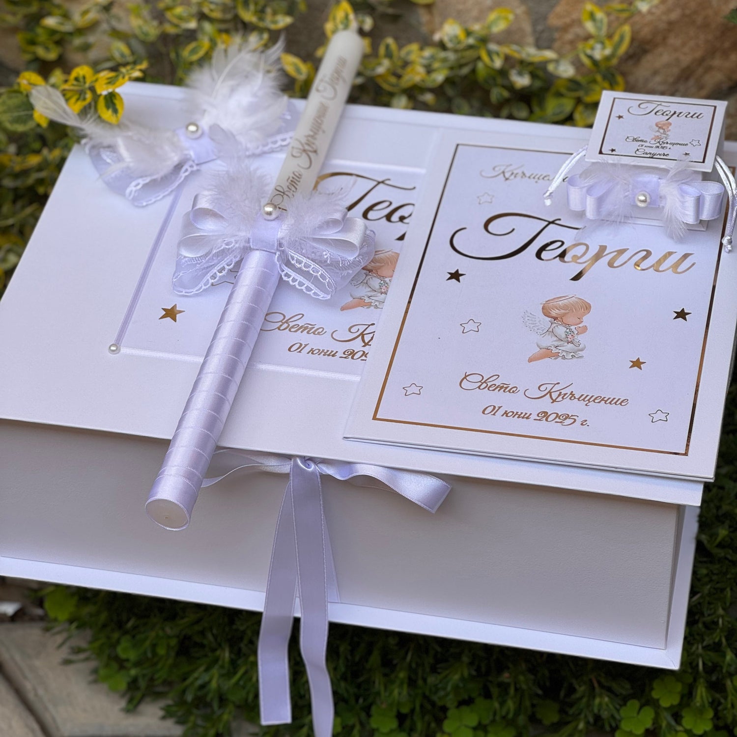 Baptism Box with a white ribbonq personalized with name, angel 