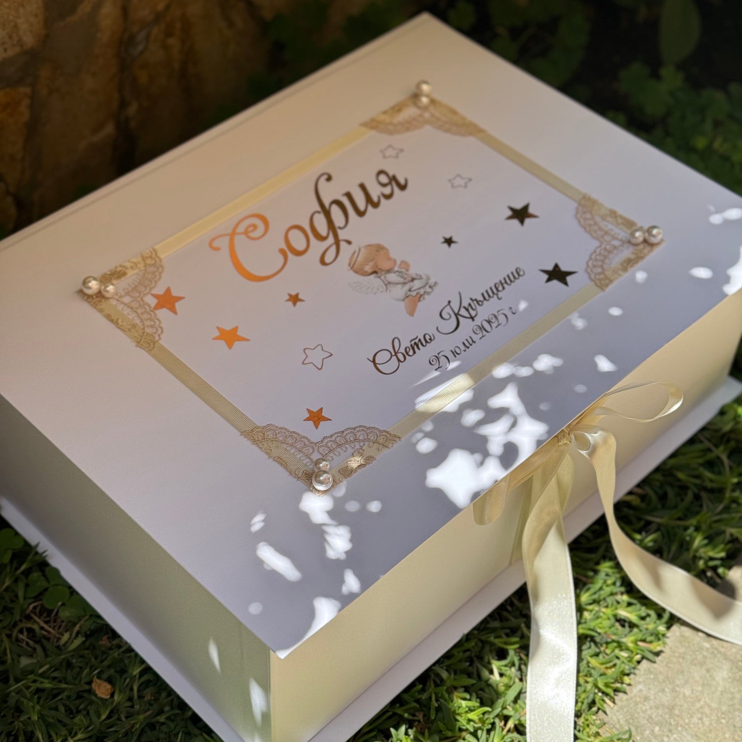 Grace in Light | Personalised Baptism Set with Beige Lace Details