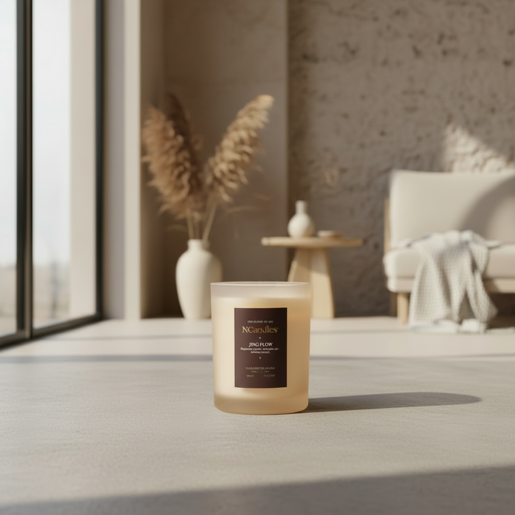 Jing Flow scented candle lit in calm wellness interior