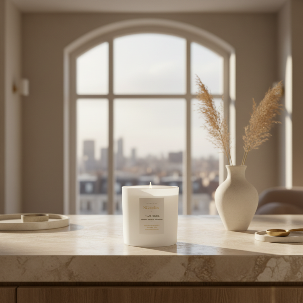 Large Luxury Candle  on a table with a cityscape view through a large window.
