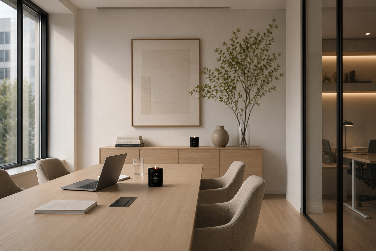 Modern office conference room with a long wooden table, chairs, and candle decor.