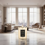 Gold candle with a black label on a white background, nordic forest scented