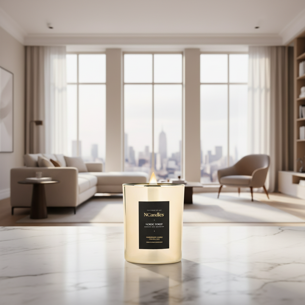 Gold candle with a black label on a white background, nordic forest scented