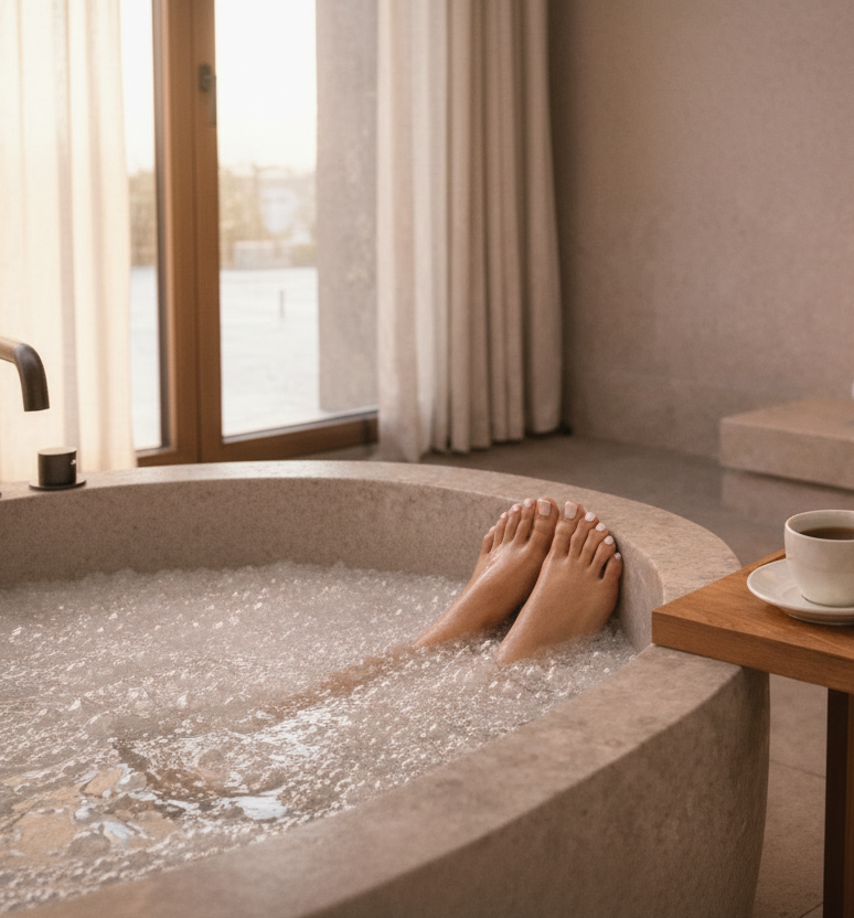 Feet in a bubble bath with a cup of tea and cookies on a wooden table AND CANDLE HAMAM SPA NCANDLES BRANDED