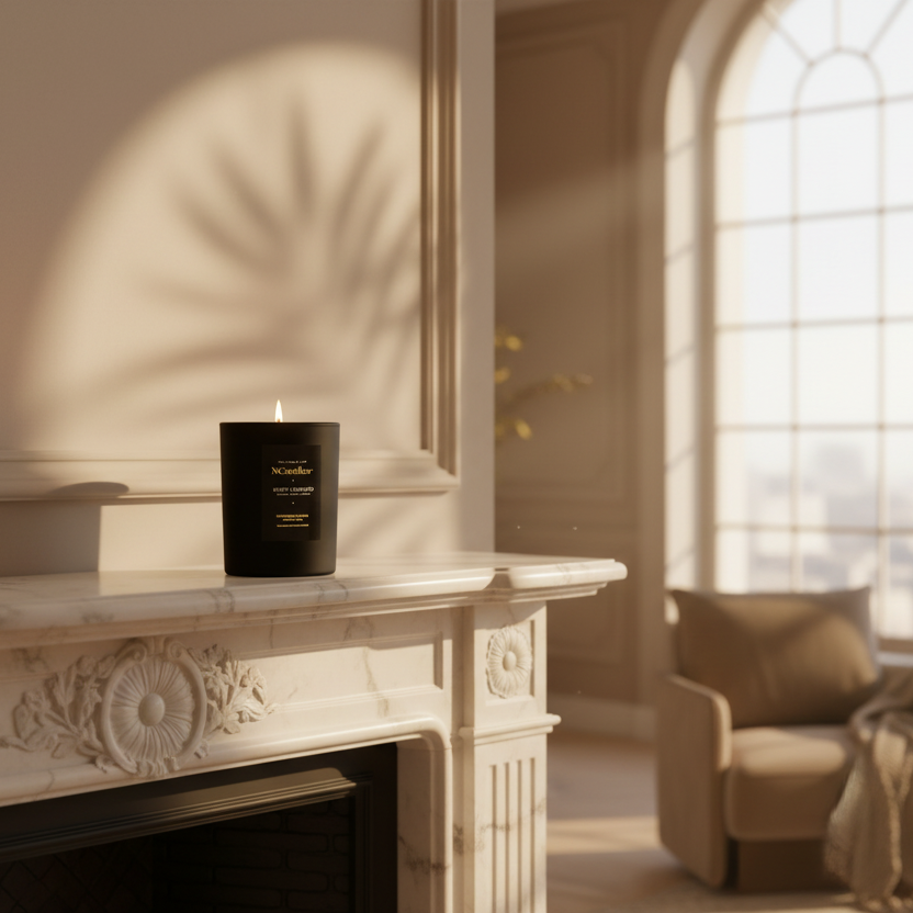 Sweet Tobacco candle in classic interior with stone 