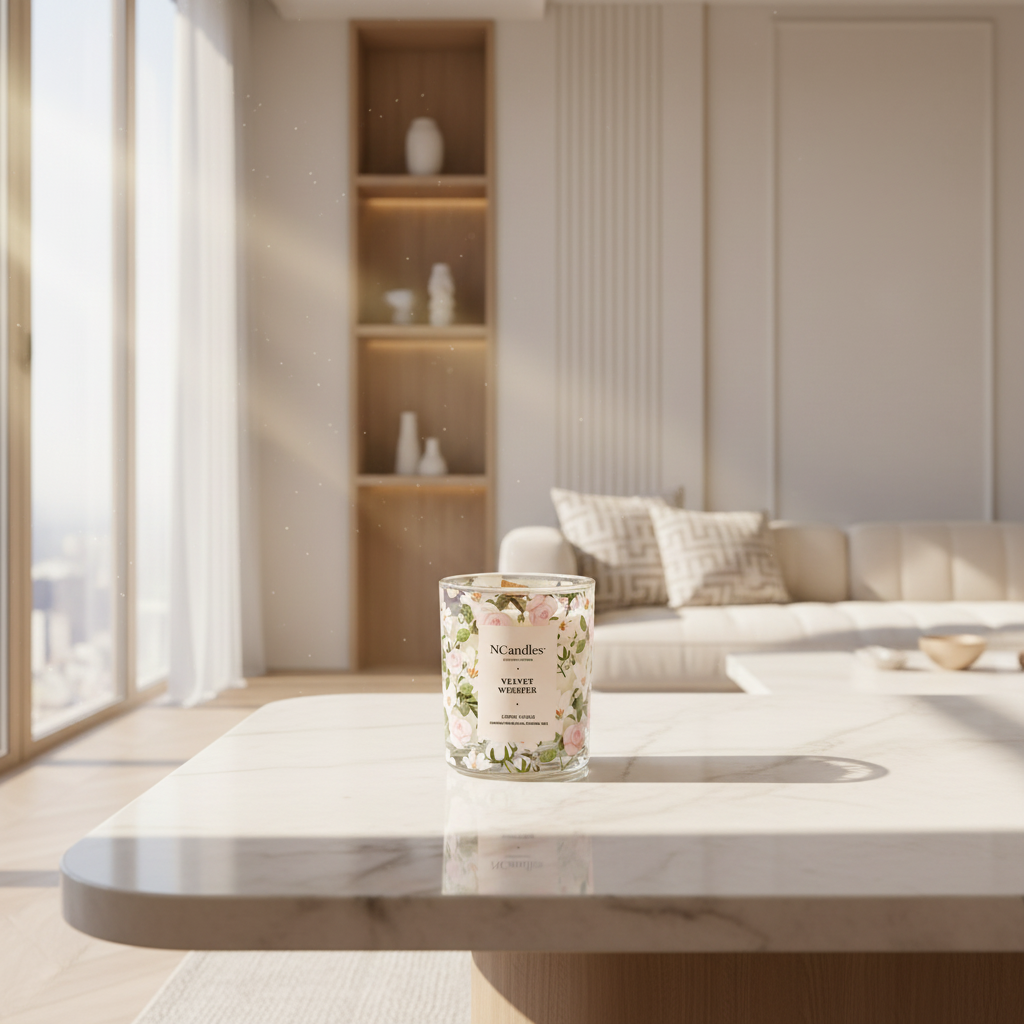 WOODEN WICK CANDLE WITH FLORAL DESIGN. ROSE AND LILY AND COTTON SCENTED, ON NATURAL DECOR