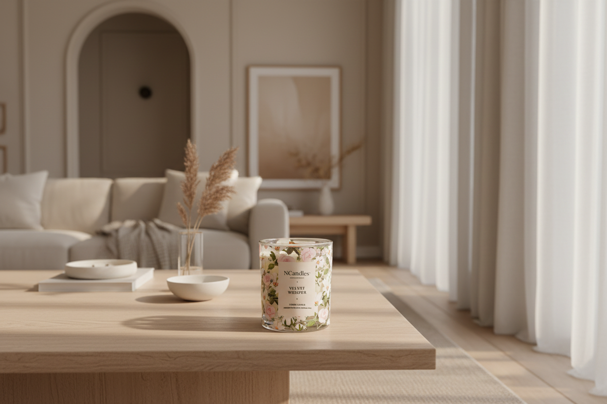 Candle on a wooden table in a living room with neutral decor, the candle is rose and lily designed, NCandles branding