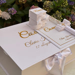 WHITE BAPTISM SET WITH GOLD PERSONALIZED TEXT