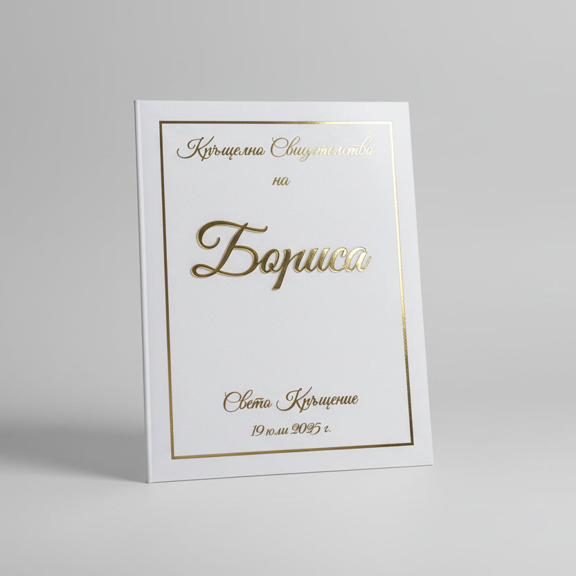 BAPTISM CERTIFICATE FOLDER IN WHITE AND GOLD. DECORATED WITH ACRYLIC GLASS IN GOLD 