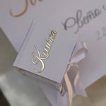 White Box with gold name in acrylic glass and wite bow