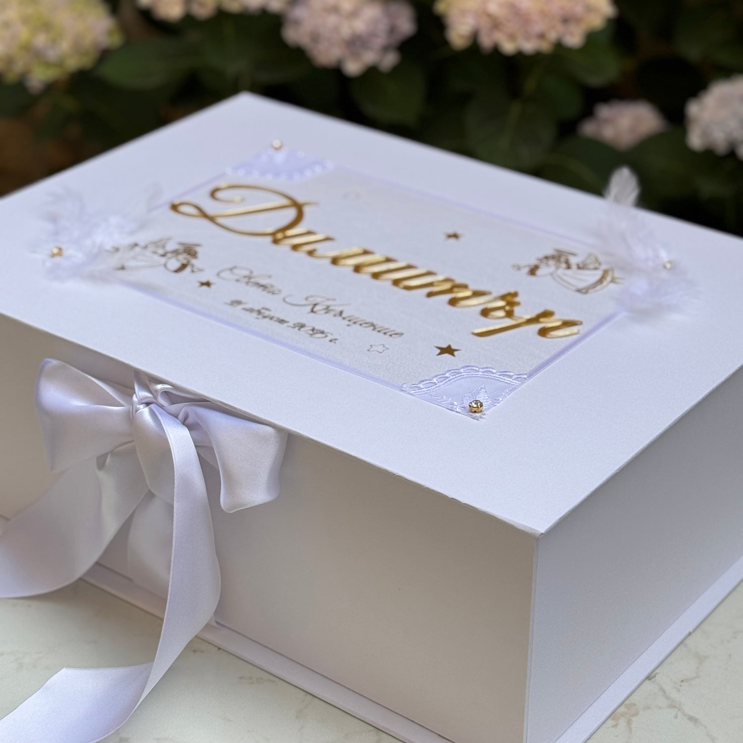 White christening box for keepsake with lace, feathers, acrylic gold name, white bow
