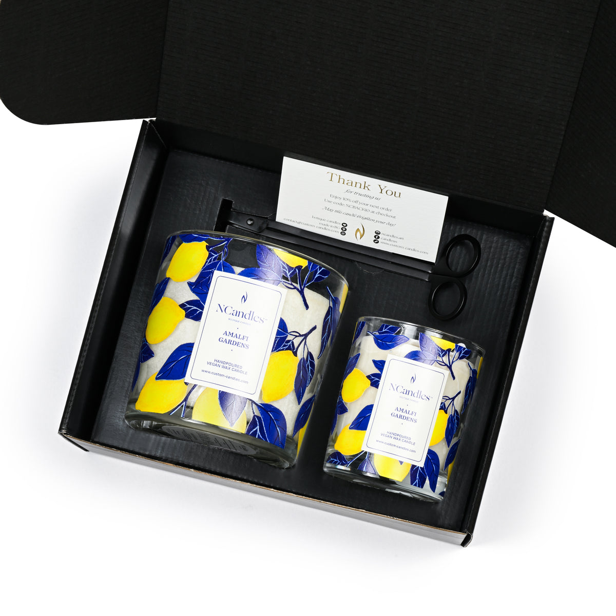 Personalized Amalfi Garden luxury candle gift set with 2 candles and wick trimmer