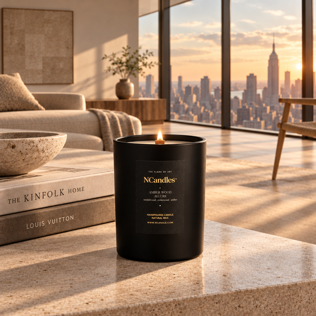 Luxury Candle in black vessel with cracling wood wick. 