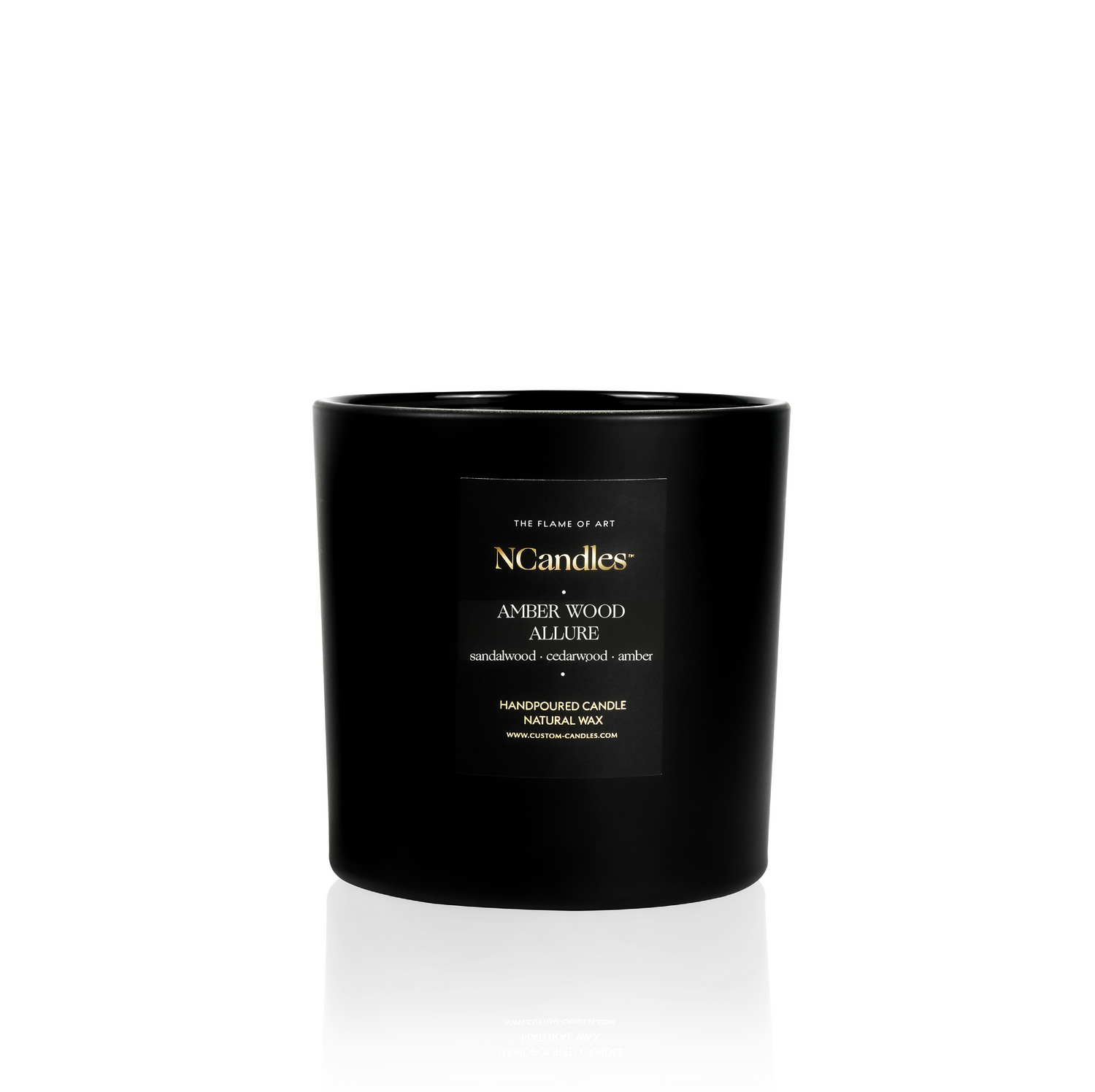 Large candle in black vessels mate NCandles branding on a white background
