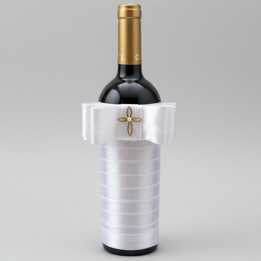 Bottle of wine decorated for baptism ritual