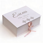 Complete custom girl's folklore baptism set with silver Elbetitsa embroidery, baby pink bows, and personalized acrylic glass name box