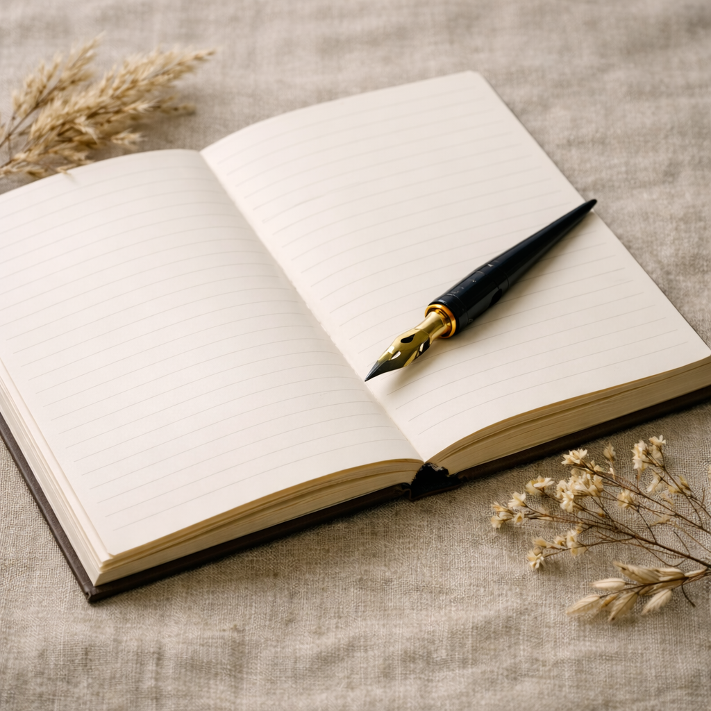 Open notebook with a pen on a textured surface with dried flowers.