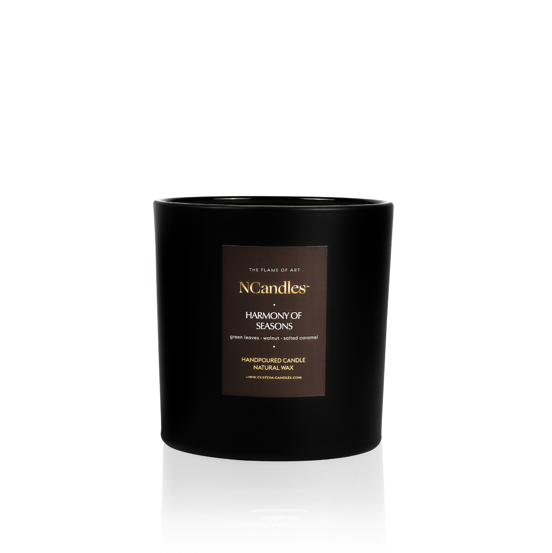 Large candles scented with salt caramel, walnut leaf, NCandles branded, black matt vessel 