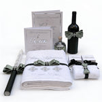 Luxury white magnetic baptism keepsake box personalized with silver name Alek and Bulgarian Elbetitsa folklore motif