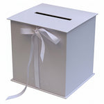 Elegant white personalized card box for events with a pre-cut slot and a fine ribbon bow