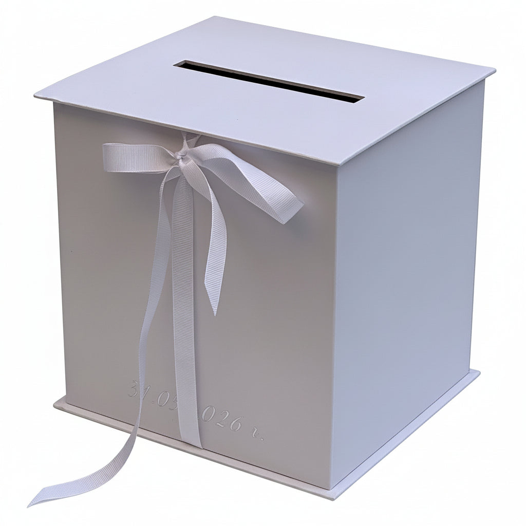 Elegant white personalized card box for events with a pre-cut slot and a fine ribbon bow