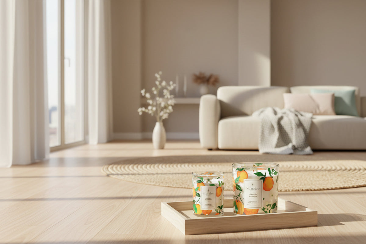 Two candles luxury scented with orange blossom scent and design on a penthouse background