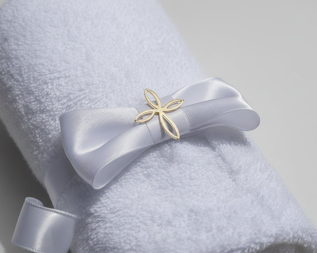 White Small Baptism Towel for Priest with white bow and floral cross detail. 