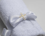 White Small Baptism Towel for Priest with white bow and floral cross detail. 