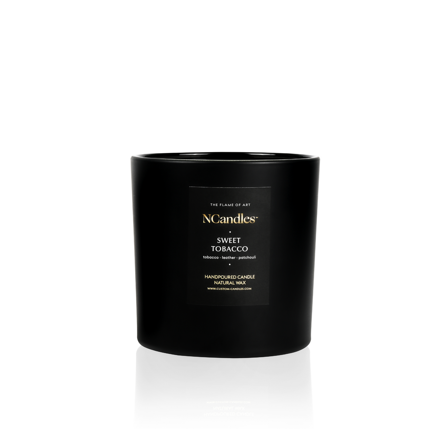 Large candle in matte black glass vessel with 'NCandles' branding on a white background