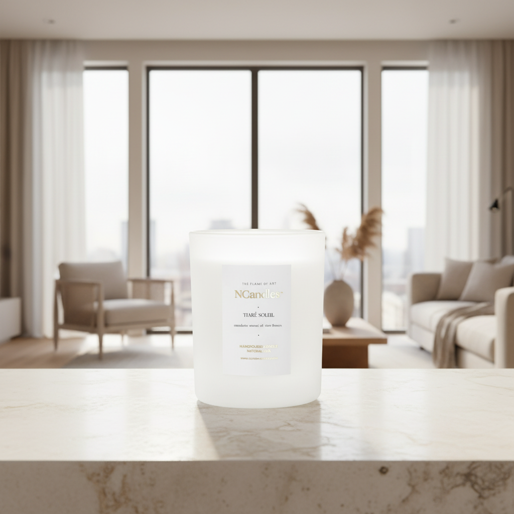 Tiaré Soleil wooden wick candle in matt glass vessel on white background