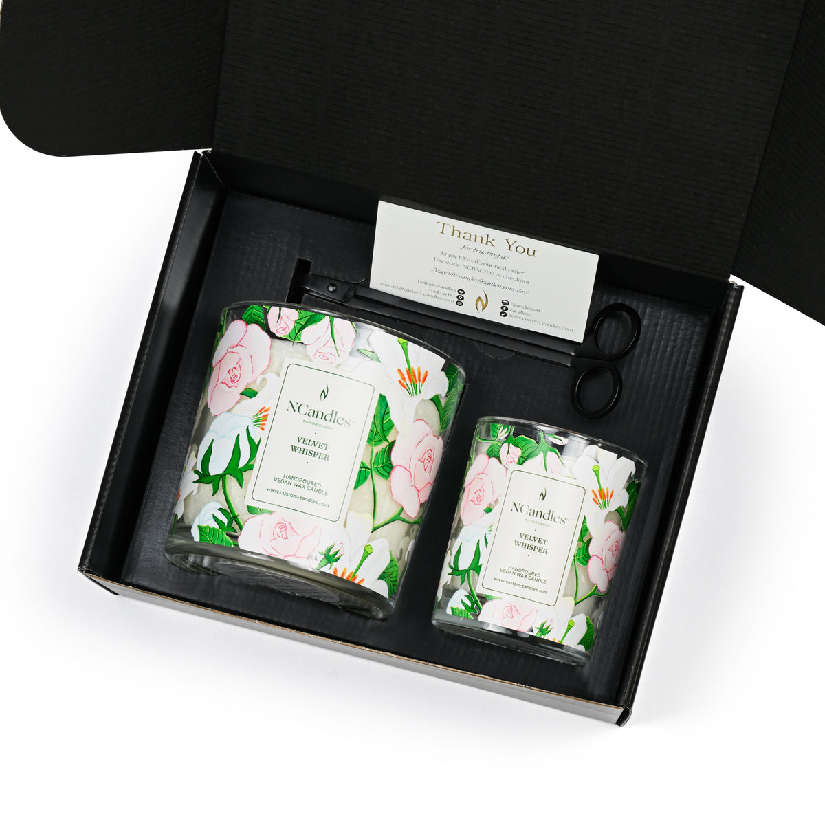 Personalized Velvet Whisper luxury candle gift set with 2 wood wick candles and black metal trimmer by NCandles