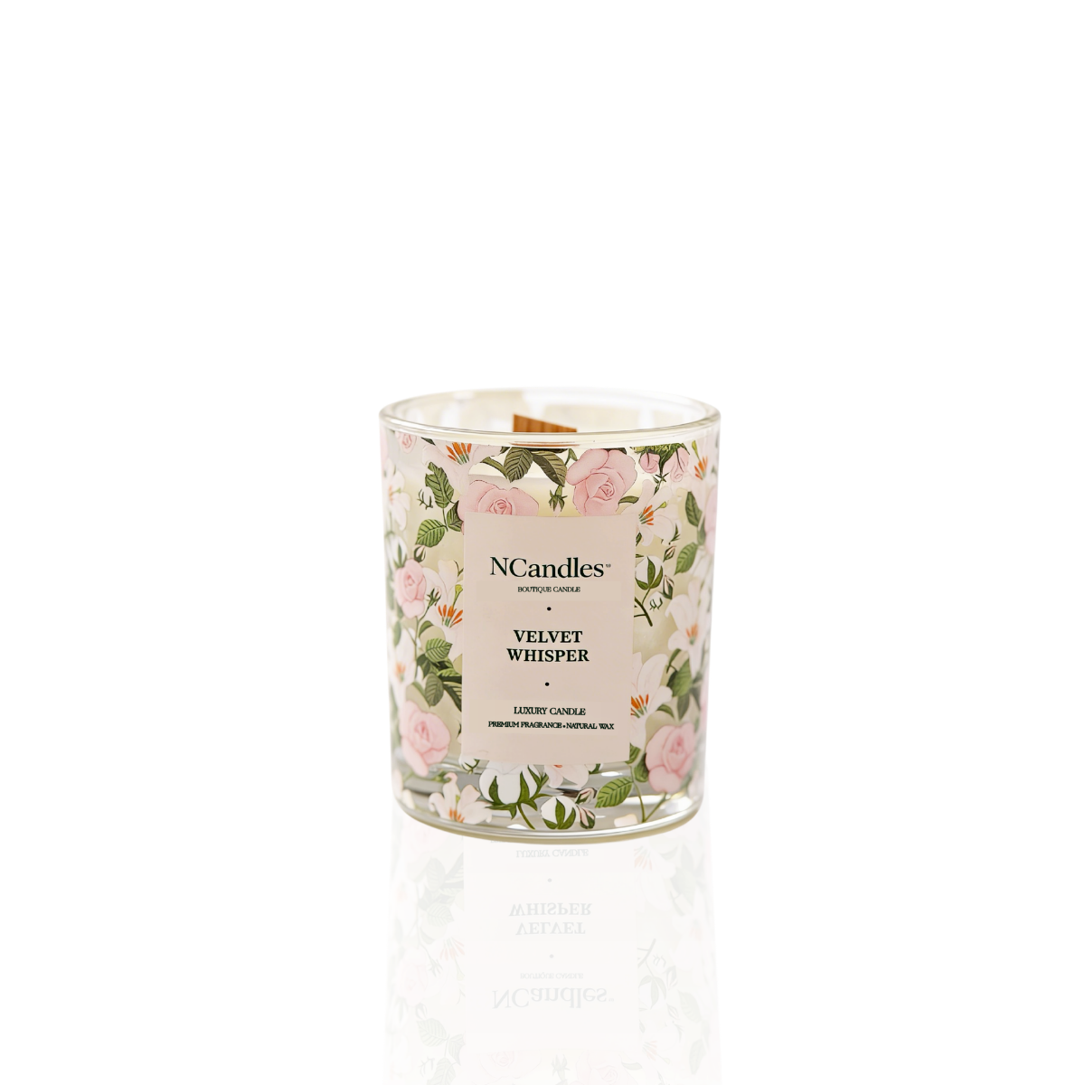 Velvet Whisper luxury floral scented candle with wood wick 260g by NCandles