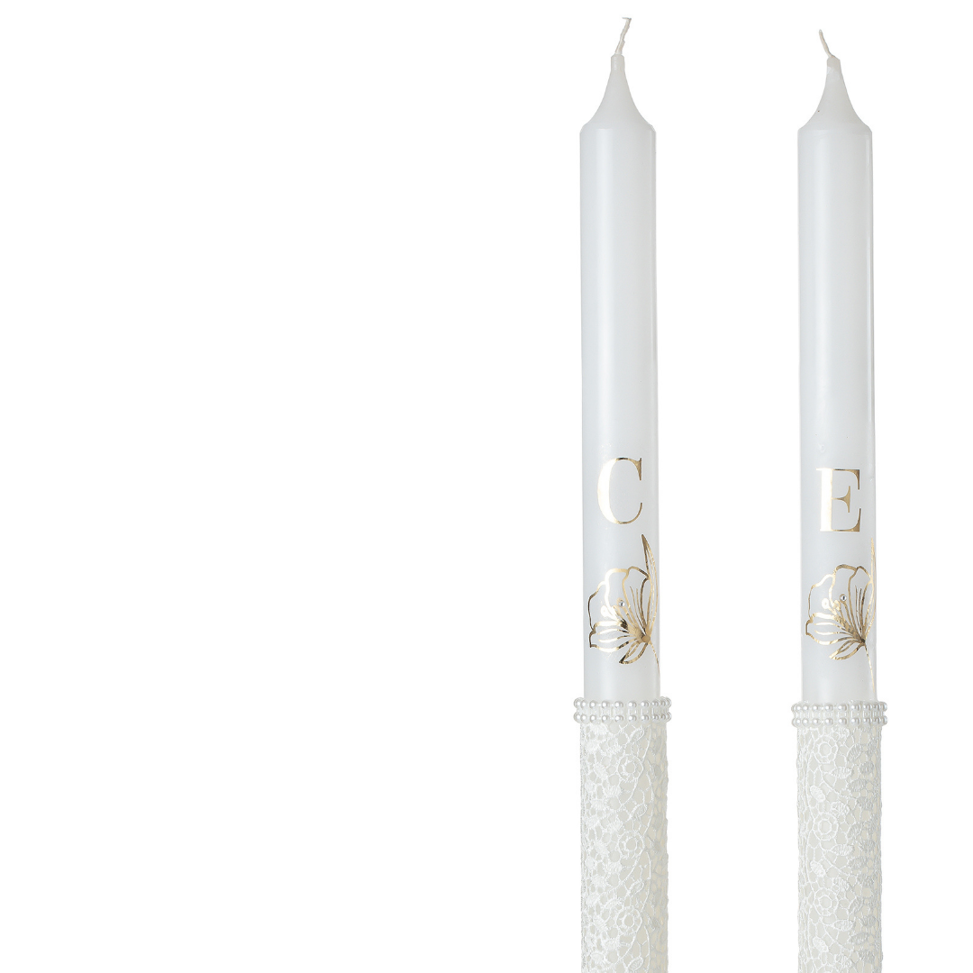 wedding ritual candles with engraved initials in gold and floral detail, lace decoration